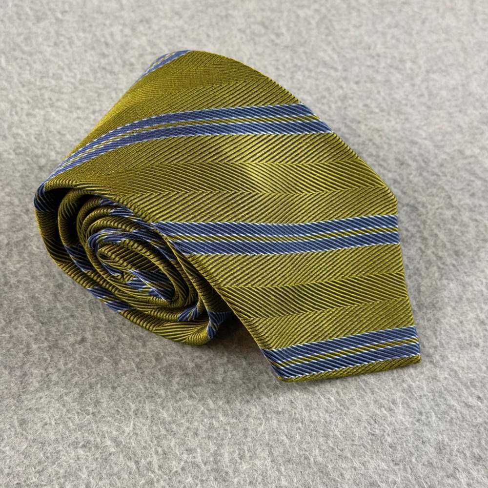 Brooks Brothers Mens Silk Tie Olive Green Blue Repp Stripe USA 59x3.25"